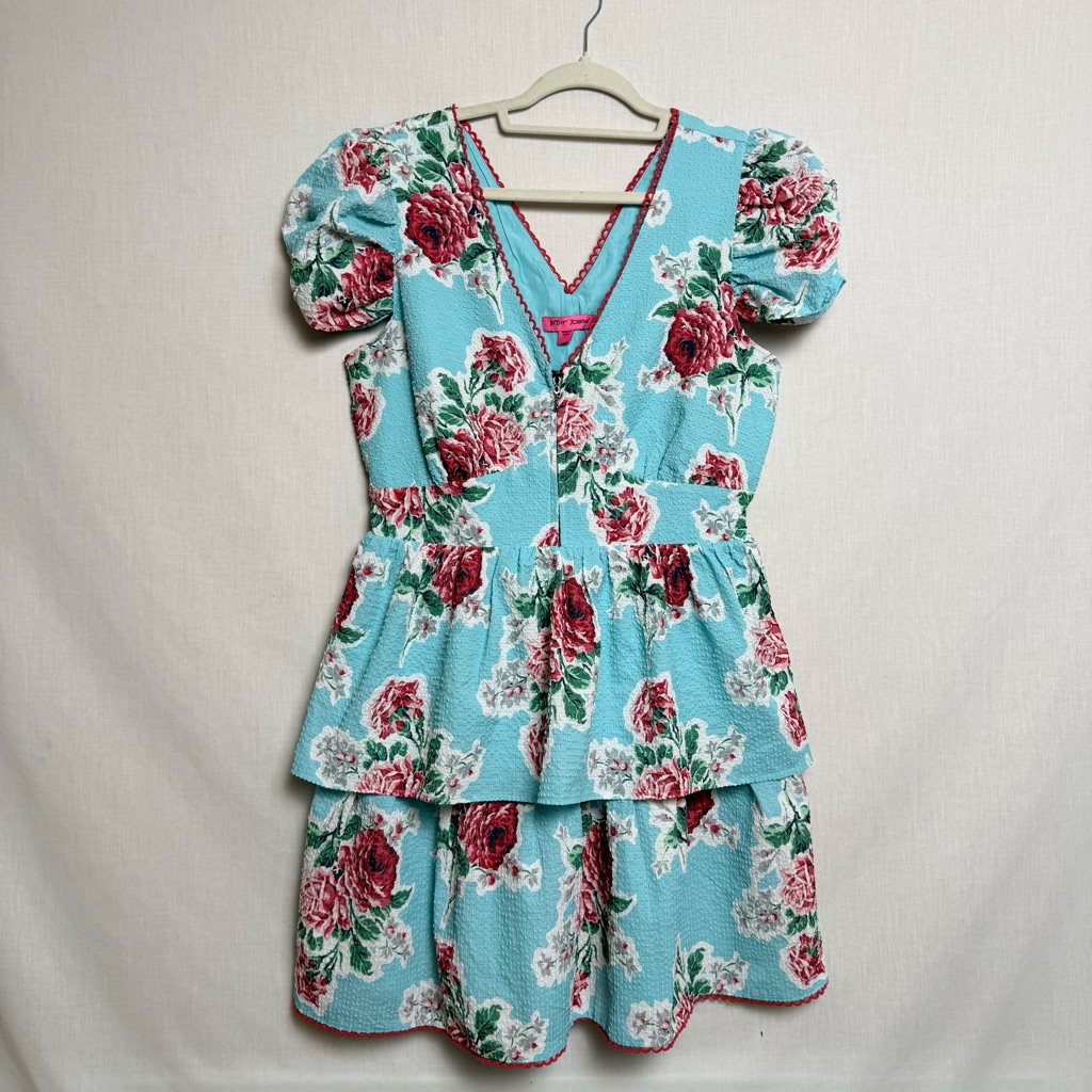 Betsey Johnson Floral Dress Women’s Size L Blue Pink Rose Puff Sleeve Wedding